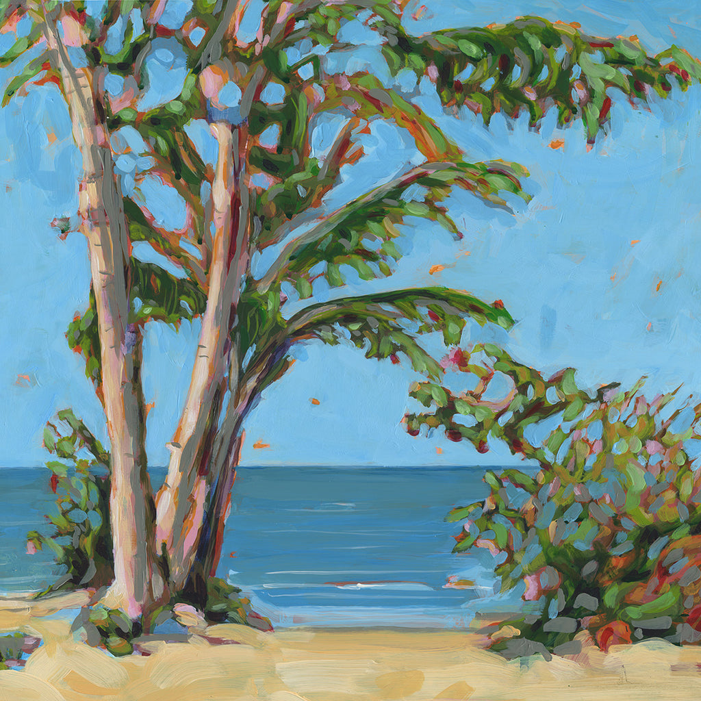 An impressionistic painting of a beach scene with tall coastal trees in green, pink, and cream tones, blue ocean water, sandy beige shore, and a bright blue sky.