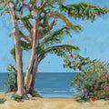 An impressionistic painting of a beach scene with tall coastal trees in green, pink, and cream tones, blue ocean water, sandy beige shore, and a bright blue sky.