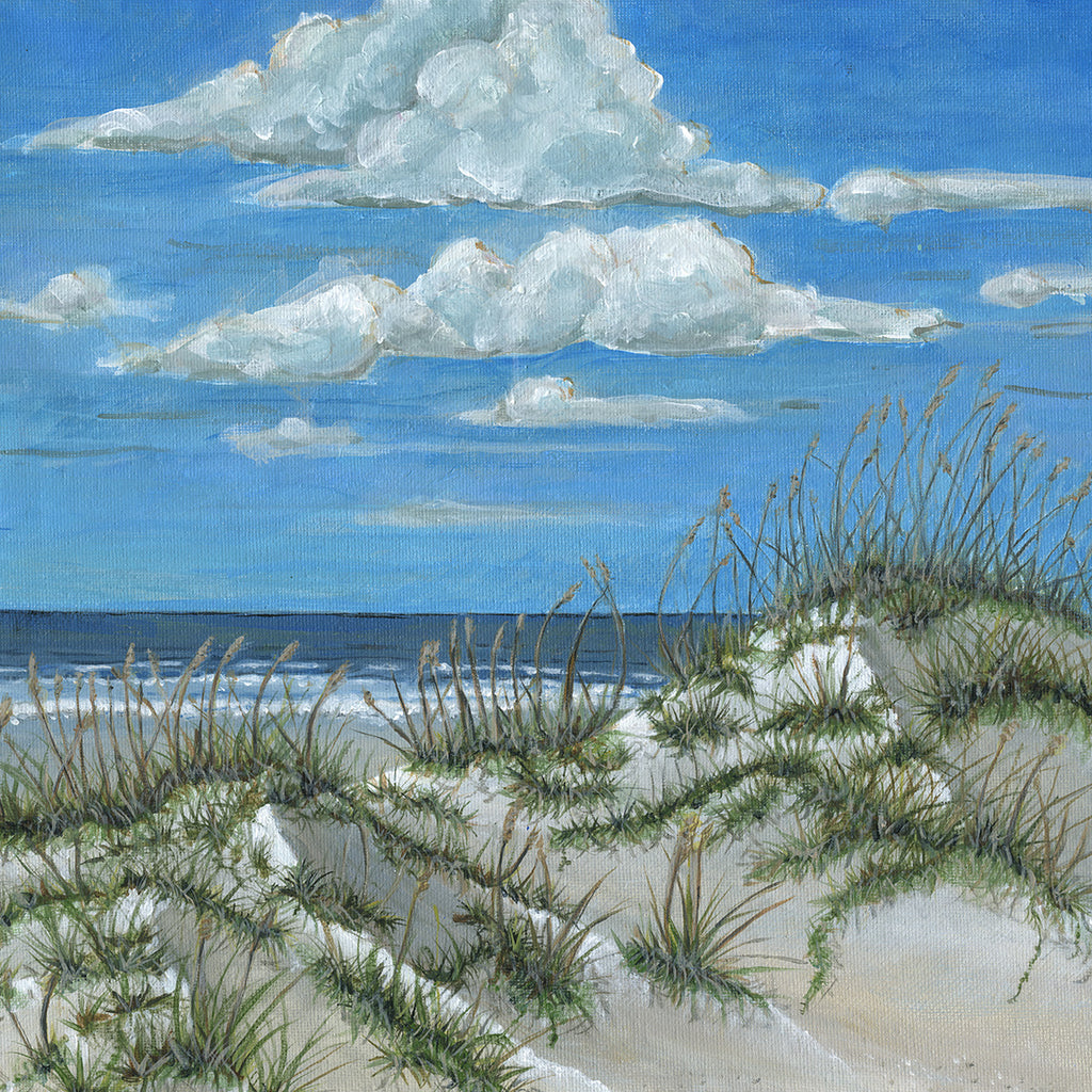 A square canvas painting of a beach dune landscape under a bright blue sky with large white clouds. Sandy dunes with green beach grass are in the foreground, with the ocean and shoreline visible along the lower left.