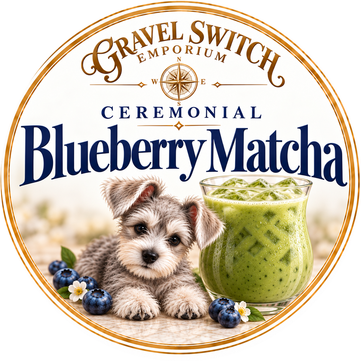 Ceremonial blueberry matcha with a Schnauzer puppy and glass of matcha