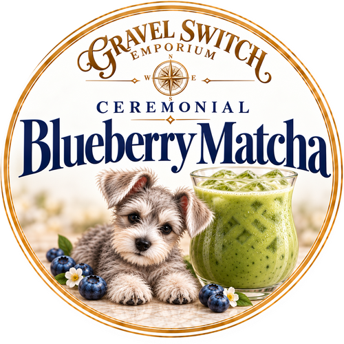 Ceremonial blueberry matcha with a Schnauzer puppy and glass of matcha