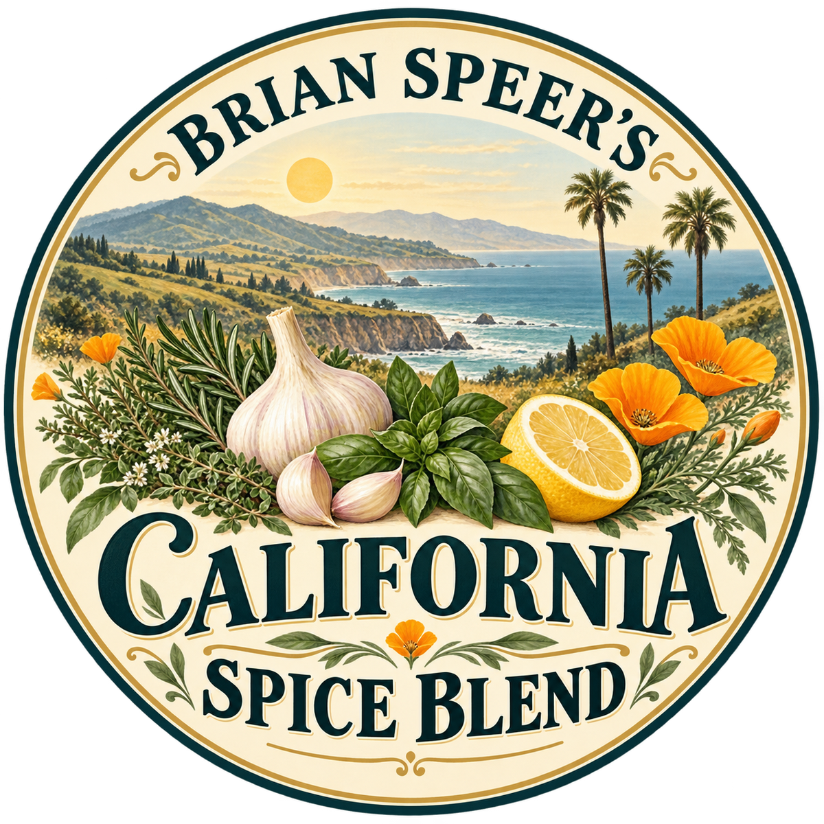 A circular illustrated label for Brian Speer's California spice blend, featuring a coastline, garlic cloves, lemons, and decorative text on a cream background.