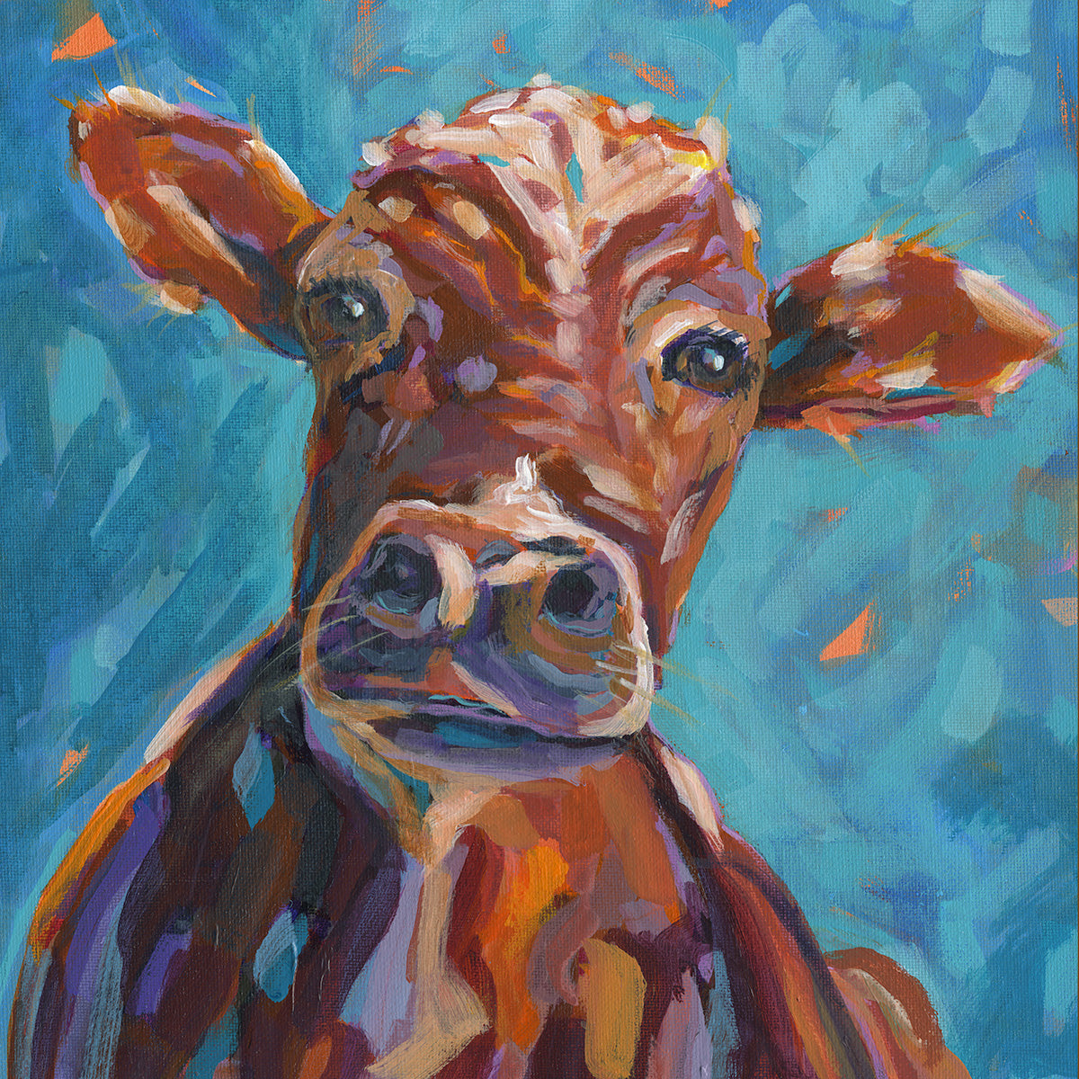 A colorful painted portrait of a cow's head and upper body on a bright blue background. The artwork uses expressive brushstrokes in brown, orange, purple, white, and blue, with the cow facing forward and filling most of the frame.