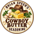 A circular illustrated label for Brian Speer's Cowboy Butter Seasoning, featuring a brown cowboy hat, a block of butter with a butter roll, garlic cloves, parsley, peppercorns, and decorative text on a cream background.