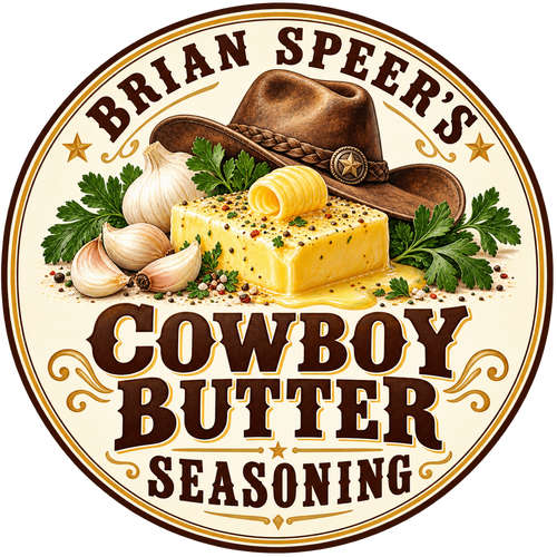 A circular illustrated label for Brian Speer's Cowboy Butter Seasoning, featuring a brown cowboy hat, a block of butter with a butter roll, garlic cloves, parsley, peppercorns, and decorative text on a cream background.