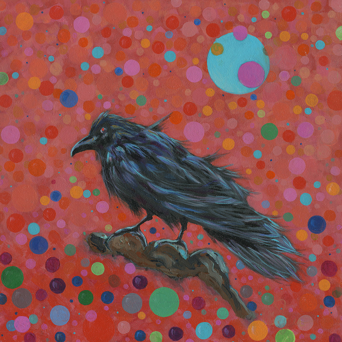 A colorful painting of a black raven perched on a branch against a vibrant background of multicolored dots and circles.