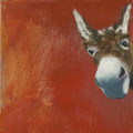 A painted artwork showing the head of a donkey on the right side against a textured red-orange background.