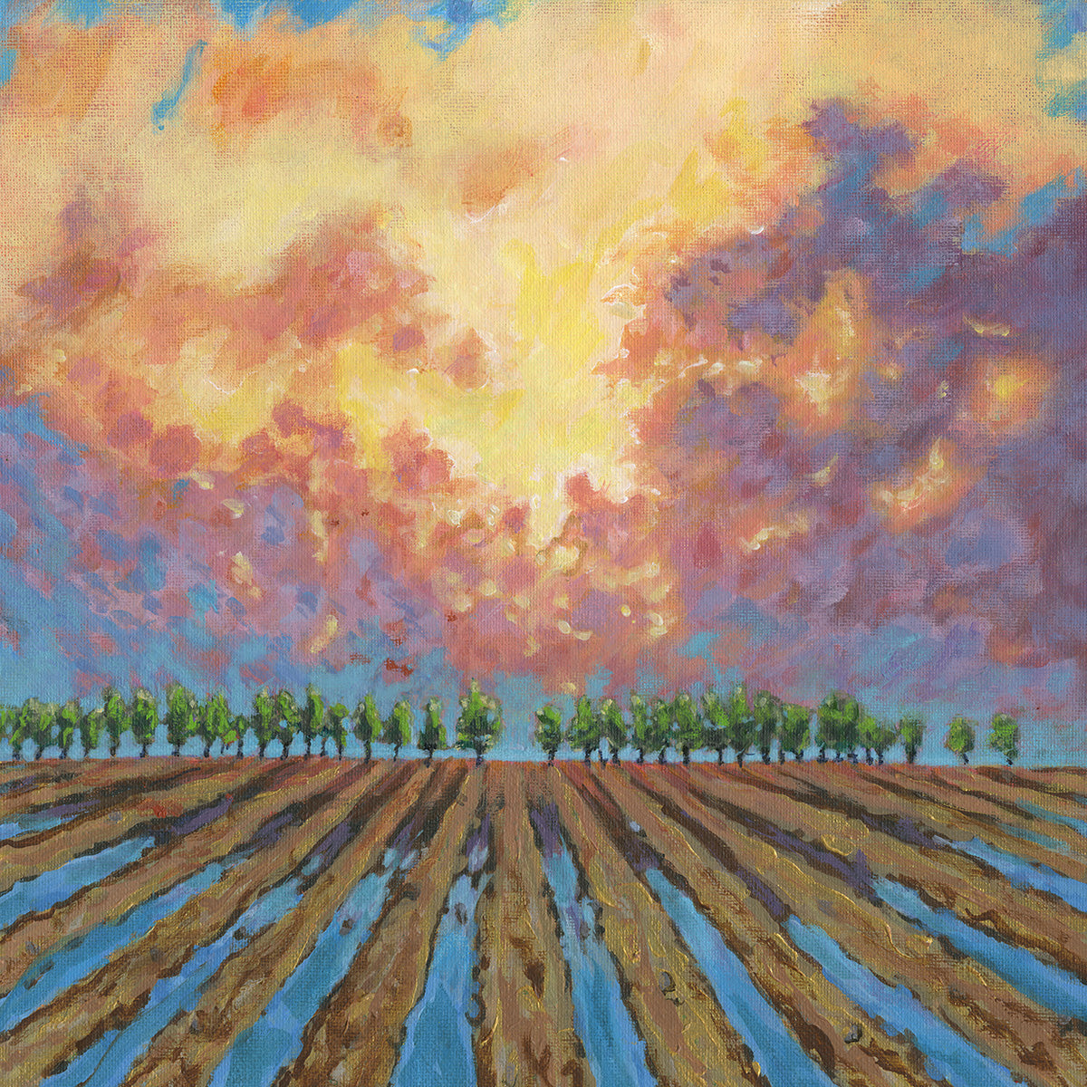 An impressionistic landscape painting of a cultivated field with diagonal furrows in brown and blue tones, a line of green trees in the distance, and a dramatic sky filled with yellow, orange, pink, and purple clouds.