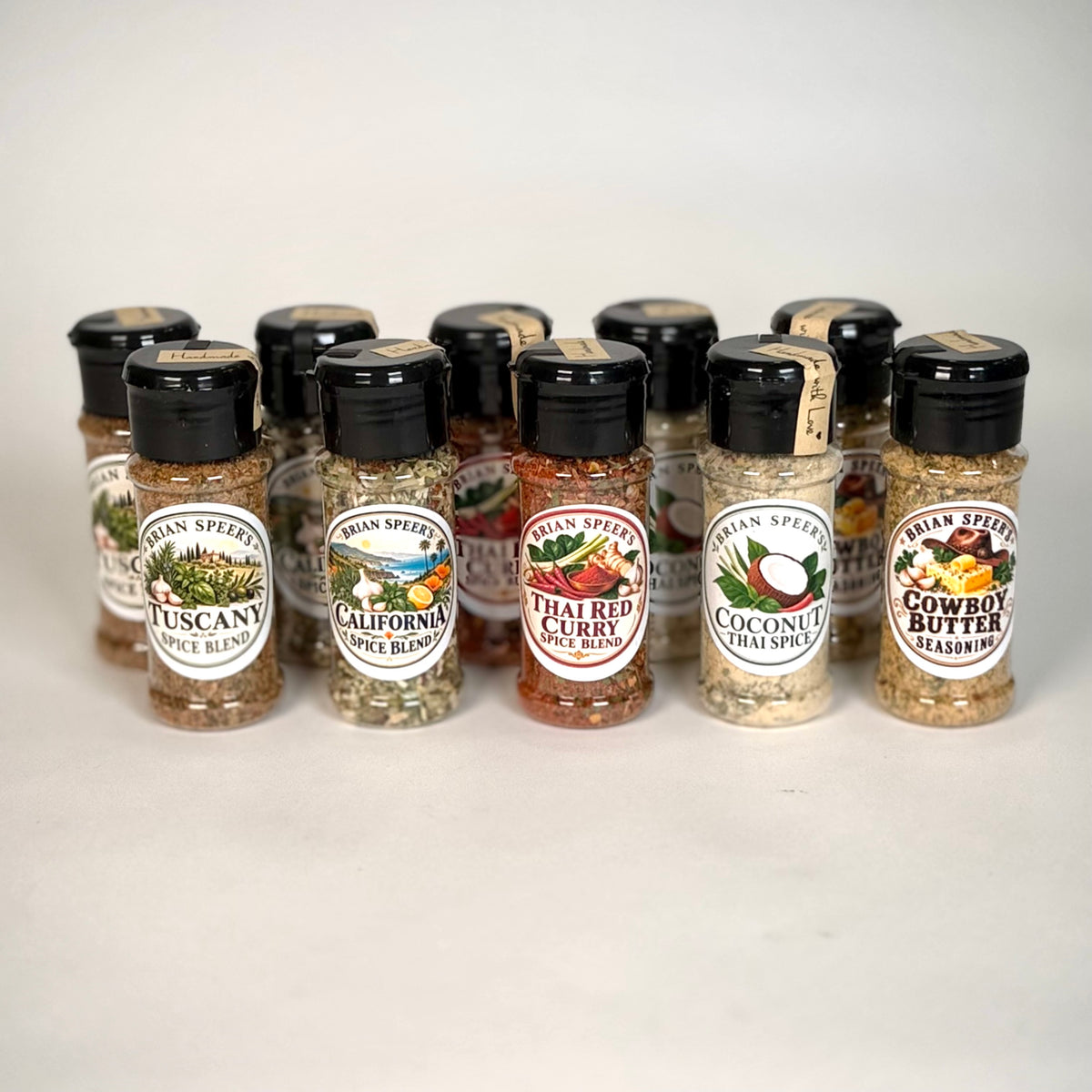 Brian Speer's spice blend containing Tuscany, California, Thai Red Curry, Coconut Thai, and Cowboy Butter