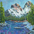 A colorful landscape painting of a mountain range with snow-covered peaks, evergreen trees, and a winding blue river in the foreground.