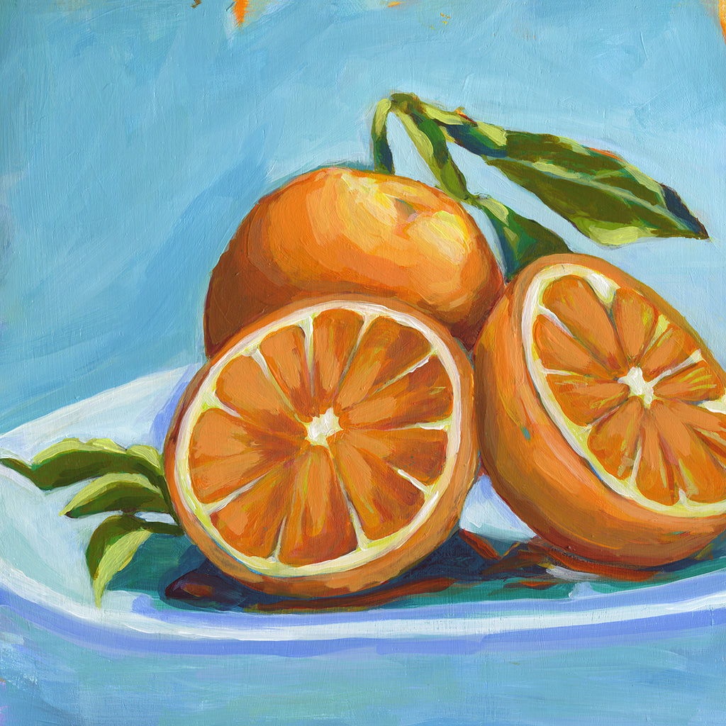 A colorful still life painting of three oranges on a white plate against a bright blue background, with two oranges whole and one sliced open to show the segmented pulp, with green leaves above.