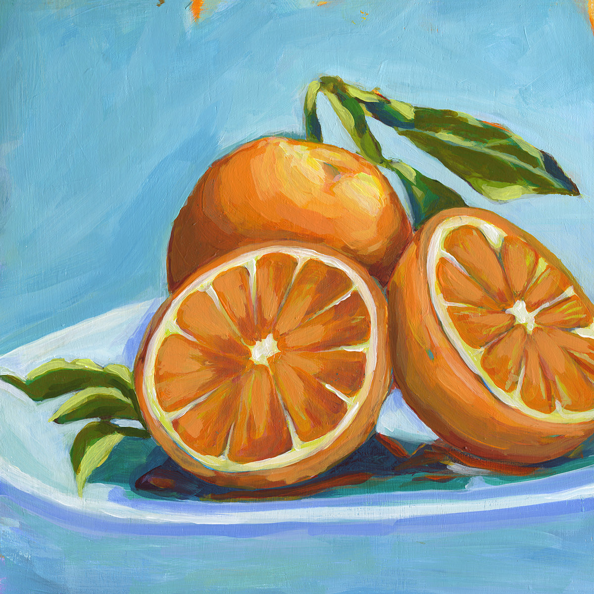 A colorful still life painting of three oranges on a white plate against a bright blue background, with two oranges whole and one sliced open to show the segmented pulp, with green leaves above.