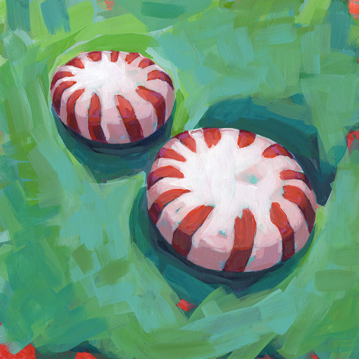 An impressionistic painting of two round red-and-white striped candies resting on a textured green background.