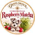 Ceremonial raspberry matcha with a Schnauzer puppy and glass of matcha