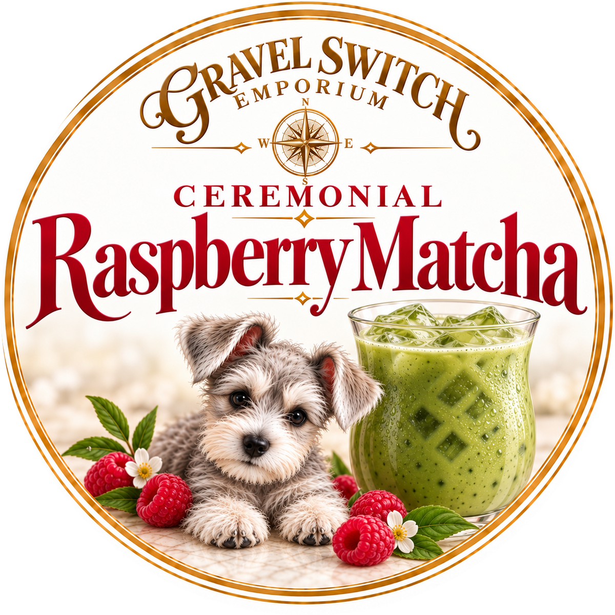 Ceremonial raspberry matcha with a Schnauzer puppy and glass of matcha