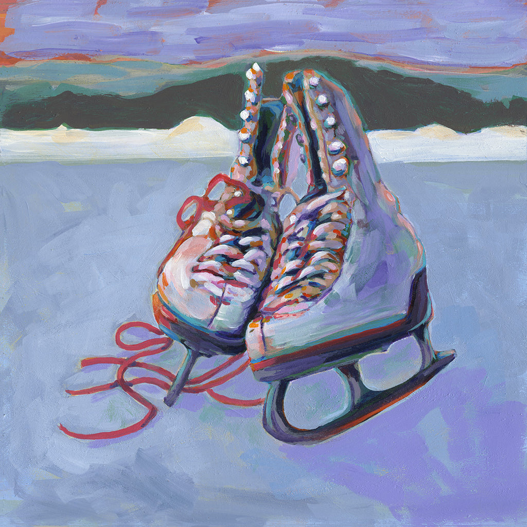An impressionistic painting of a pair of ice skates on a frozen surface, with a stylized landscape background in purple, blue, green, and orange tones.