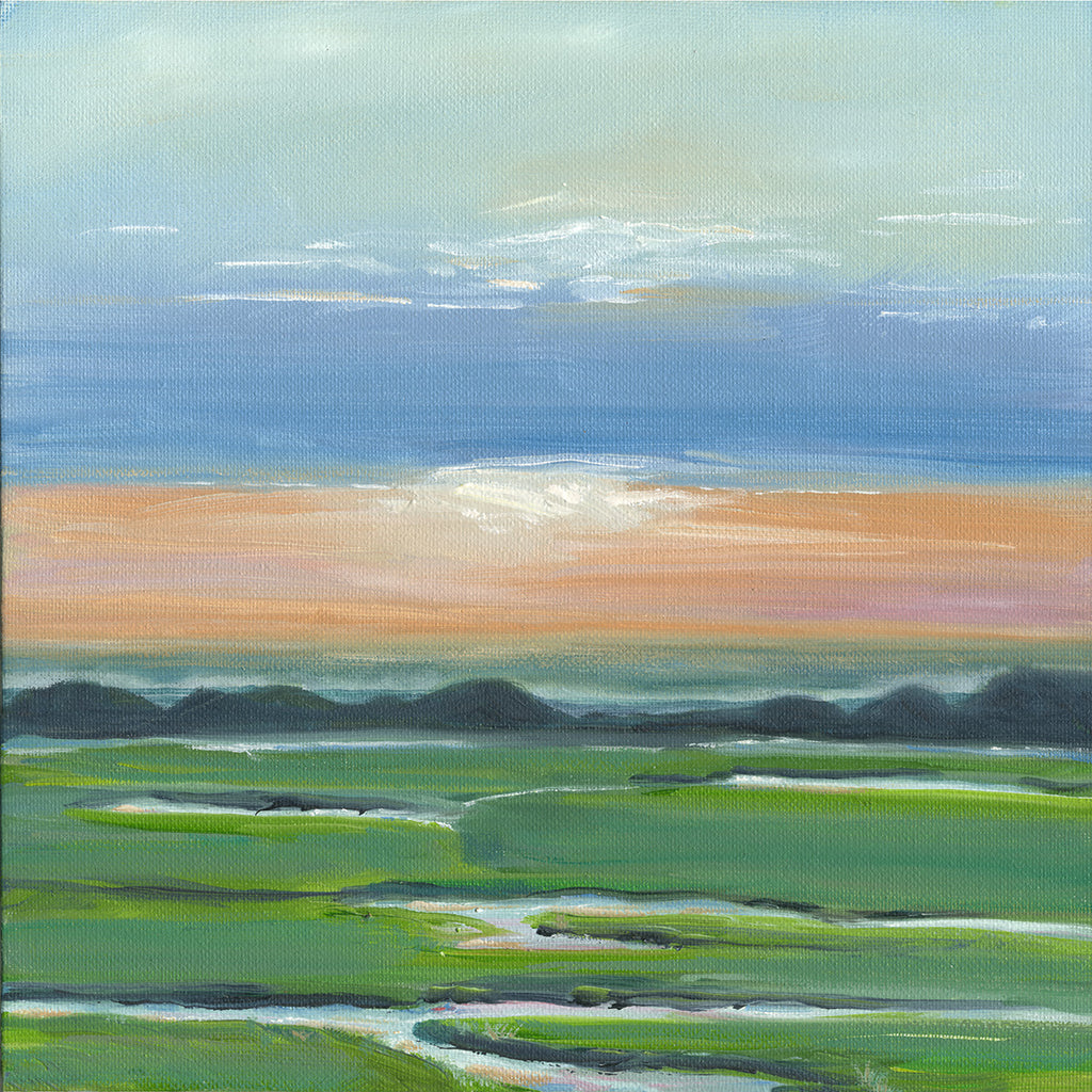 An impressionistic landscape painting of a green marsh or field with winding pale paths, dark distant hills, and a blue sky with a soft peach glow near the horizon.