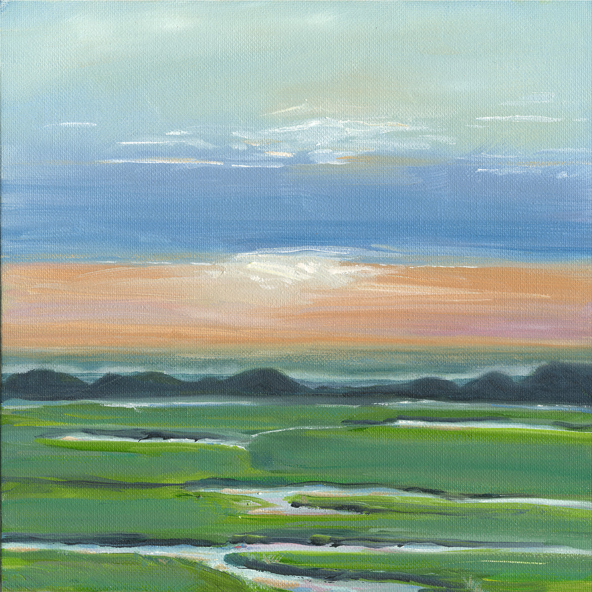 An impressionistic landscape painting of a green marsh or field with winding pale paths, dark distant hills, and a blue sky with a soft peach glow near the horizon.