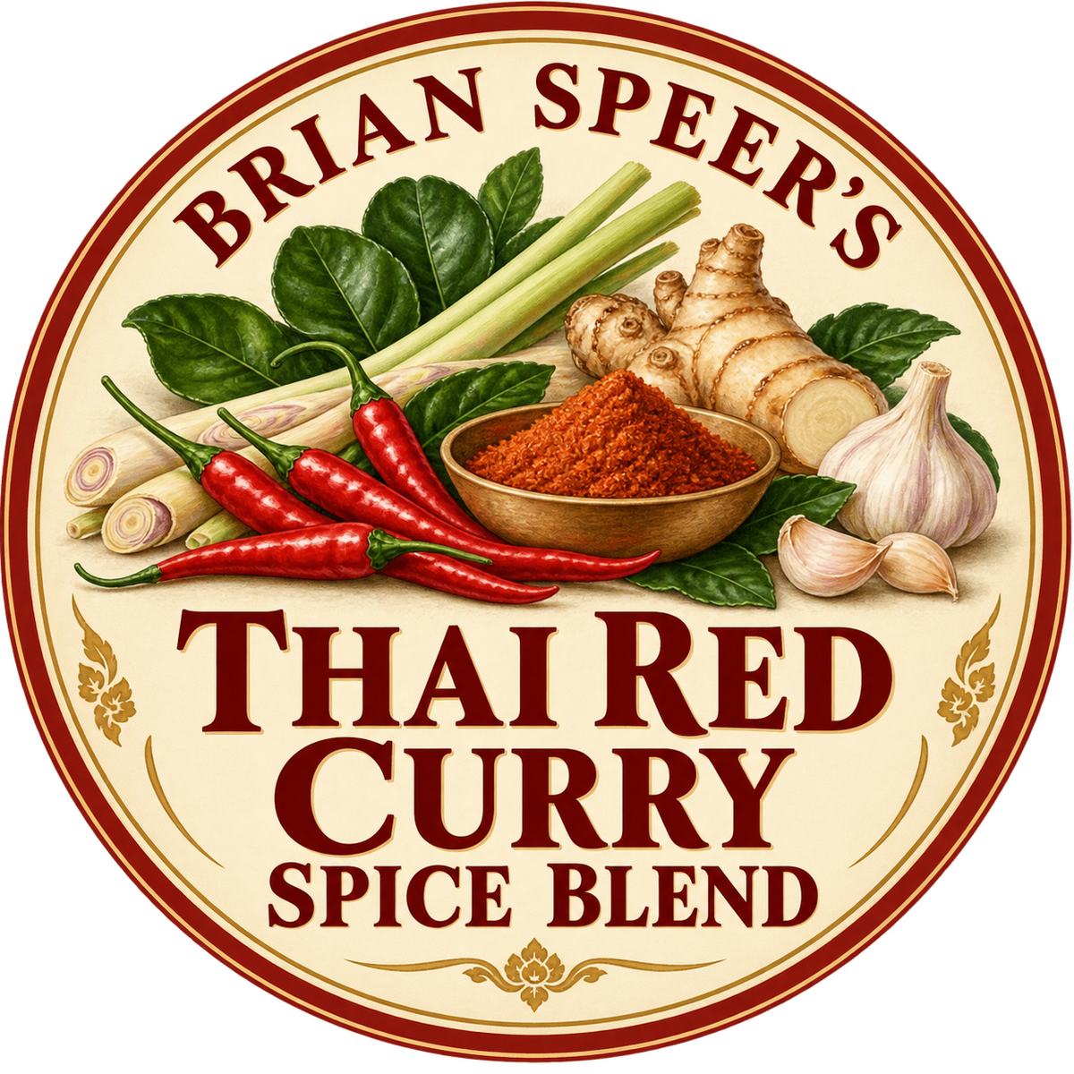 A circular illustrated label for Brian Speer's Thai Curry spice blend, featuring onions, garlic cloves, curry, peppers, and decorative text on a cream background.