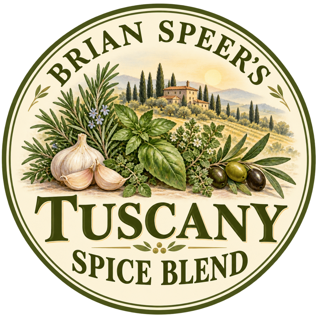 A circular illustrated label for Brian Speer's Tuscany spice blend, featuring a house in the country, garlic cloves, parsley, olives, and decorative text on a cream background.