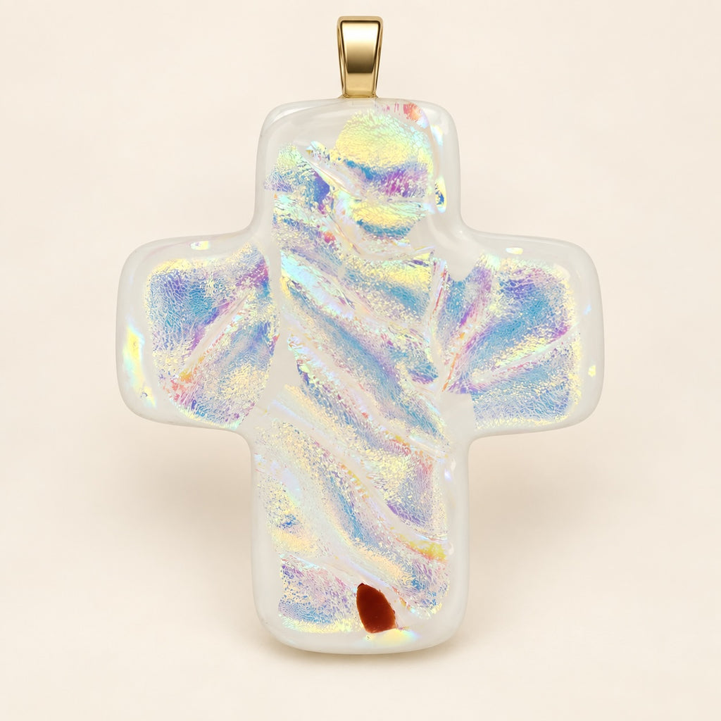 Handmade glass cross in white; each is unique.